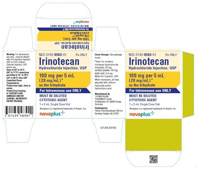 Ndc 0143-9583-01 Rx Only Irinotecan Hydrochloride Injection, Usp 100 mg/5 mL (20 mg/ml)* As The Trihydrate For Intravenous Use Only Must Be Diluted Cytotoxic Agent 1 X 5 mL Single Dose Vial (Irinotecan Hydrochloride Injection Usp   Novation 5)
