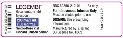 Principal Display Panelleqembindc 62856-212-01(lecanemab-irmb)injection200 mg/2 mL(100 mg/ml)single-dose Vial (Lecanemab 04)