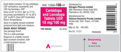 carbidopa-levodopa-tablets-usp-10mg-100mg-100s.jpg Carbidopa and Levodopa Tablets, USP 10 mg/100 mg - NDC 72888-106-01 - 100 Tablets Bottle - carbidopa levodopa tablets usp 10mg 100mg 100s
