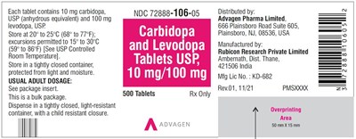 carbidopa-levodopa-tablets-usp-10mg-100mg-500s.jpg Carbidopa and Levodopa Tablets, USP 10 mg/100 mg - NDC 72888-106-05 - 500 Tablets Bottle - carbidopa levodopa tablets usp 10mg 100mg 500s