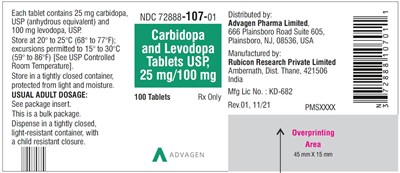 carbidopa-levodopa-tablets-usp-25mg-100mg-100s.jpg Carbidopa and Levodopa Tablets, USP 25 mg/100 mg - NDC 72888-107-01 - 100 Tablets Bottle - carbidopa levodopa tablets usp 25mg 100mg 100s