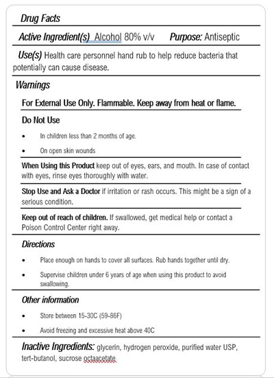 DrugInfoLabel1.jpg Alcohol 80% v/v. Purpose: Antiseptic - DrugInfoLabel1