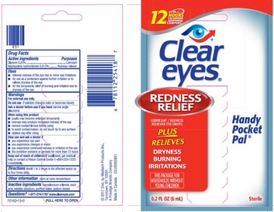 clear-eyes-redness-relief-02.jpg UP TO 12 HOURS OF SOOTHING COMFORTClear eyes REDNESS RELIEFLUBRICANT/REDNESS RELIEVER EYE DROPSHandy Pocket Pal®Sterile 0.2 FL OZ (6 mL) - clear eyes redness relief 02