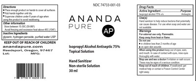 30 mL Spray Label (Anandapure Sanitizer 30mlspray Ndc74733 002 03)