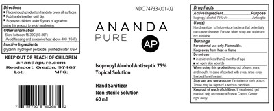 60 mL Dropper Label (Anandapure Sanitizer 60mldropper Ndc74733 002 02)