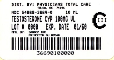 3669.jpg Testosterone Cypionate 100 mg/mL 10 mL Label - 3669