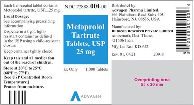 metoprolol-tartrate-tabs-usp-25mg-1000s.jpg NDC 72888-004-00 - Metoprolol Tartrate Tablets, USP 25 mg - 1000 Tablets - metoprolol tartrate tabs usp 25mg 1000s
