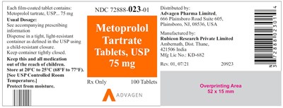 metoprolol-tartrate-tabs-usp-75mg-100s.jpg NDC 72888-023-01 - Metoprolol Tartrate Tablets, USP 75 mg - 100 Tablets - metoprolol tartrate tabs usp 75mg 100s
