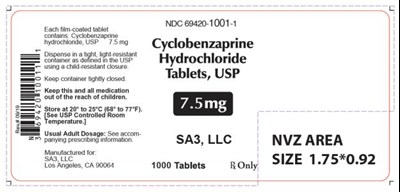 Ndc 69420-1001-1cyclobenzaprinehydrochloridetablets, Usp7.5 mgrx Only1000 Tablets (Cyclobenzaprine Tablets 04)