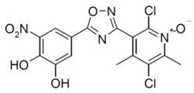 ongentys-opicapone-capsules-1.jpg ONGENTYS contains opicapone, a peripheral, selective and reversible catechol-O-methyltransferase (COMT) inhibitor. The chemical name of opicapone is 2,5-dichloro-3-(5-(3,4-dihydroxy-5-nitrophenyl)-1,2,4-oxadiazol-3-yl)-4,6-dimethylpyridine-1-oxide with the following structure: - ongentys opicapone capsules 1