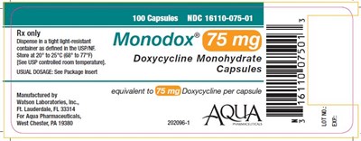 monodox-capsules-3.jpg Monodox® 75 mg Doxycycline Monohydrate Capsules NDC 16110-075-01 100 capsule count bottle label - monodox capsules 3