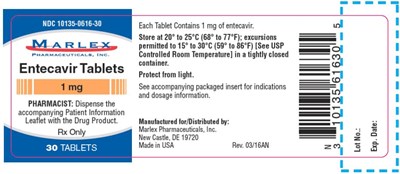 entecavir-tablets-03.jpg PRINCIPAL DISPLAY PANELNDC 10135-0616-30MarlexEntecavir Tablets1 mg30 Tablets - entecavir tablets 03