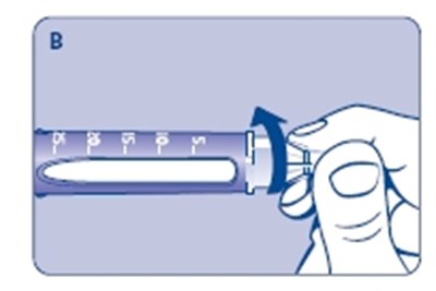 B (Placing a new NovoFine disposable needle.)