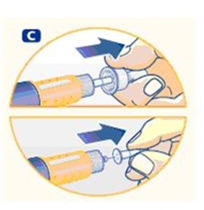 C (Pull off the outer needle cap and the inner needle cap and throw them both away.)