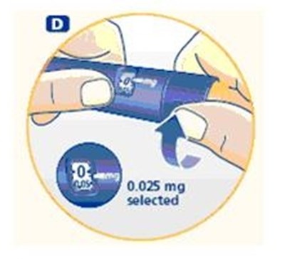 D (Turn the dose selector to select 0.025 mg.)
