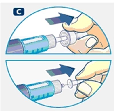 C (Pull off the outer needle cap and the inner needle cap and throw them both away.)