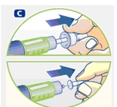 C (Pull off the outer needle cap and the inner needle cap and throw them both away.)