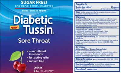 diabetic-tussin-sore-throat-cherry-spray-01.jpg Diabetic Tussin®Phenol / Oral Pain Reliever Cherry6 fl oz (177 mL) SPRAY - diabetic tussin sore throat cherry spray 01