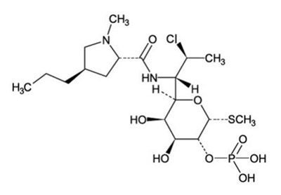 clindamycin-phosphate-01.jpg The structural formula represented below is Clindamycin phosphate is a water-soluble ester of the semi-synthetic antibiotic produced by a 7(S) - chloro-substitution of the 7(R)-hydroxyl group of the parent antibiotic lincomycin. The solution contains isopropyl alcohol 50% v/v, propylene glycol, sodium hydroxide, and water. - clindamycin phosphate 01