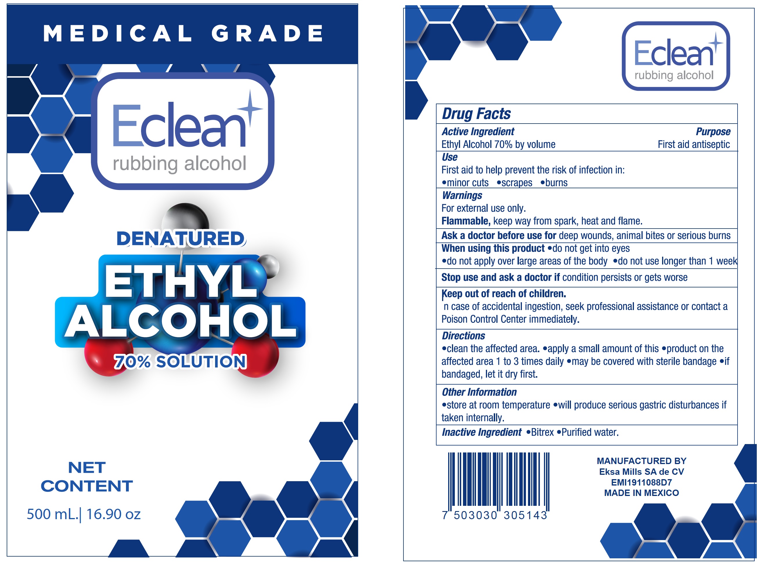 NDC 77538006 Eclean Rubbing Alcohol Denatured Ethyl Alcohol 70