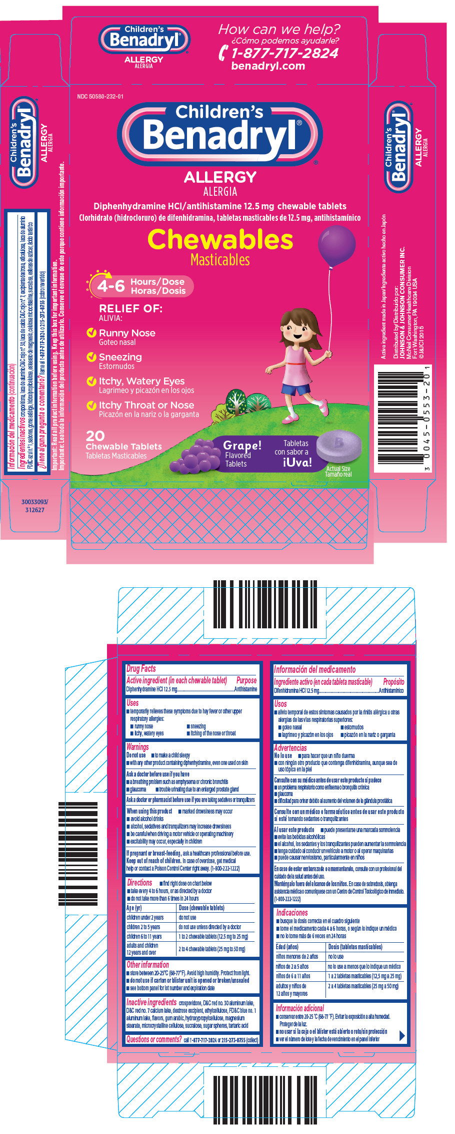NDC 50580232 Childrens Benadryl Chewables Images Packaging, Labeling