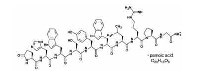 trelstar-09.jpg The structural formula for TRELSTAR is a white to slightly yellow lyophilized cake. When reconstituted, TRELSTAR has a milky appearance. It contains a pamoate salt of triptorelin, a synthetic decapeptide agonist analog of gonadotropin releasing hormone (GnRH). The chemical name of triptorelin pamoate is 5-oxo-L-prolyl-L-histidyl-L-tryptophyl-L-seryl-L-tyrosyl-D-tryptophyl-L-leucyl-L-arginyl-L-prolylglycine amide (pamoate salt). The empirical formula is C64H82N18O13 • C23H16O6 and the molecular weight is 1699.9. - trelstar 09