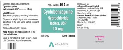 Ndc 72888-014-00 Bottles Of 1000 Tablets (Cyclobenzaprine HCl Tabs Usp 10mg 1000s)