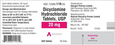 dicyclomine-hcl-tablets-usp-20mg-500s.jpg Dicyclomine Hydrochloride Tablets ,USP 20 mg - NDC 72888-119-05 - 500 Tablets Label - dicyclomine hcl tablets usp 20mg 500s