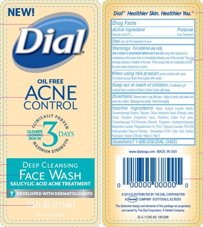 dial-acne-control-deep-cleansing-face-wash-01.jpg Principal Display PanelNEW!DialOIL FREEACNECONTROLCLINICALLY PROVEN CLEARER LOOKING SKIN IN 3 DAYSMAXIMUM STRENGTHDEEP CLEANSINGFACE WASHSALICYLIC ACID ACNE TREATMENTDEVELOPED WITH DERMATOLOGISTS7.5 FL OZ (221mL) - dial acne control deep cleansing face wash 01