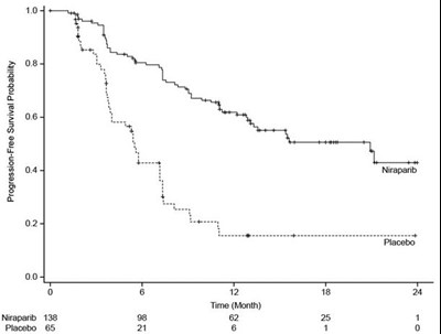 Figure 3. Progression-Free Survival in the gBRCAmut Cohort Based on IRC Assessment (Intent-to-Treat Population, n = 203) - zejula tab spl graphic 04