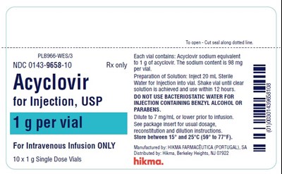 acyclovir-for-injection-usp-3.jpg NDC 0143-9657-10 Rx ONLY ACYCLOVIR FOR INJECTION, USP 500 mg/vial FOR INTRAVENOUS INFUSION ONLY 10 Single Dose Vials, 500 mg in each vial Each vial contains: Acyclovir sodium equivalent to 500 mg of acyclovir. The sodium content is 49 mg per vial. Preparation of Solution: Inject 10 mL Sterile Water for Injection into vial. Shake vial until clear solution is achieved and use within 12 hours. DO NOT USE BACTERIOSTATIC WATER FOR INJECTION CONTAINING BENZYL ALCOHOL OR PARABENS. Dilute to 7 mg/mL or lower prior to infusion. See package insert for usual dosage, reconstitution and dilution instructions. Store between 15º and 25ºC (59º to 77ºF). - acyclovir for injection usp 3