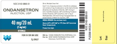Ndc 0143-9890-01 Ondansetron Injection, Usp 40 mg/20 mL (2 mg/ml) Sterile For Iv Or Im Use Rx Only 20 mL Multiple Dose Vial Each 1 mL Of Aqueous Solution In The 20 mL Multidose Vial Contains 2 mg Of Ondansetron As The Hydrochloride Dihydrate; 8.3 mg Of Sodium Chloride, Usp; 0.5 mg Of Citric Acid Monohydrate, Usp And 0.25 mg Trisodium Citrate Dihydrate, Usp As Buffers; And 1.2 mg Of Methylparaben, Nf And 0.15 mg Of Propylparaben As Preservatives In Water For Injection, Usp. Usual Dosage: See Package Insert. Store At 20º To 25ºc (68º To 77ºf) [see Usp Controlled Room Temperature]. Protect From Light. (Ondansetron Injection 3)