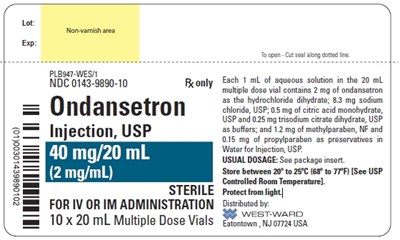 Ndc 0143-9890-10 Rx Only Ondansetron Injection, Usp 40 mg/20 mL (2 mg/ml) Sterile For Iv Or Im Administration 10 X 20 mL Multiple Dose Vials Each 1 mL Of Aqueous Solution In The 20 mL Multiple Dose Vial Contains 2 mg Of Ondansetron As The Hydrochloride Dihydrate; 8.3 mg Sodium Chloride, Usp; 0.5 mg Of Citric Acid Monohydrate, Usp And 0.25 mg Trisodium Citrate Dihydrate, Usp As Buffers; And 1.2 mg Of Methylparaben, Nf And 0.15 mg Of Propylparaben As Preservatives In Water For Injection, Usp. Usual Dosage: See Package Insert. Store Between 20º To 25ºc (68º To 77ºf) [see Usp Controlled Room Temperature]. Protect From Light. (Ondansetron Injection 4)
