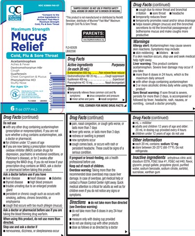 Acetaminophen 650 mg, Dextromehtorphan Hbr 20 mg, Guaifenesin 400 mg, Phenylephrine HCl 10 mg (Mucus Relief Cold Flu Sore Throat Max Strength Liq 1)