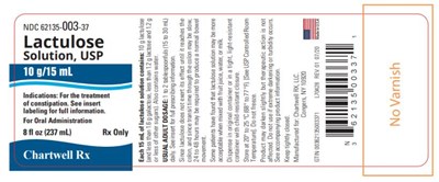 lactulose-solution-02.jpg PRINCIPAL DISPLAY PANELNDC 62135-003-37LactuloseSolution, USP10 g/15 mLIndications: For the treatmentof constipation. See insertlabeling for full information.For Oral Administration8 fl oz (237 mL) Rx OnlyChartwell Rx - lactulose solution 02
