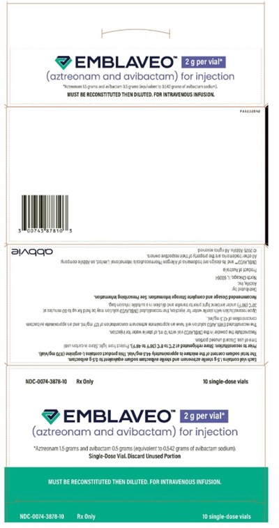 emblaveo-for-injection-03.jpg Principal Display PanelNDC 0074-3878-10Rx Only 10 single-dose vialsEmblaveo™ 2g per vial*(aztreonam and avibactam) for injection*Aztreonam 1.5 grams and avibactam 0.5 grams (equivalent to 0.542 grams of avibactam sodium).Single-Dose Vial. Discard Unused PortionMUST BE RECONSTITUTED THEN DILUTED. FOR INTRAVENOUS INFUSION. - emblaveo for injection 03