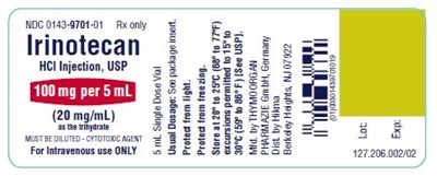 NDC 0143-9701-01 IRINOTECAN HYDROCHLORIDE INJECTION, USP 100 mg/5 mL (20 mg/mL) as the trihydrate MUST BE DILUTED - CYTOTOXIC AGENT FOR IV USE ONLY Rx ONLY 5 mL Single Dose Vial USUAL DOSAGE: See package insert. PROTECT FROM LIGHT. PROTECT FROM FREEZING. Store at 20º to 25ºC (68º to 77ºF); excursions permitted to 15º to 30ºC (59º to 86ºF) [See USP Controlled Room Temperature]. - irinotecan hydrochloride injection 6