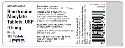 benztropinemestab-2.jpg This is an image of the label for Benztropine Mesylate Tablets, USP 0.5 mg 100 tablets. - benztropinemestab 2