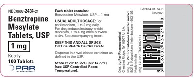 benztropinemestab-3.jpg This is an image of the label for Benztropine Mesylate Tablets, USP 1 mg 100 tablets. - benztropinemestab 3