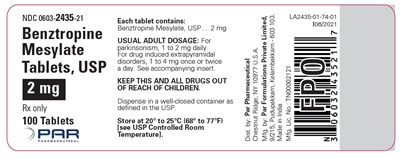 benztropinemestab-4.jpg This is an image of the label for Benztropine Mesylate Tablets, USP 2 mg 100 tablets. - benztropinemestab 4