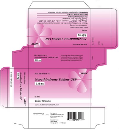 norethindronetablets-figure-04.jpg Norethindrone Tablets USP0.35 mgRx OnlyNDC 68180-876-13Carton Label: 3 Wallets, 28 Tablets Each28 Day Regimen - norethindronetablets figure 04