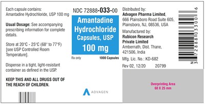 amantadine-hydrochoride-cap-1000s-label.jpg Amantadine Hydrochloric, USP 100 mg - NDC-72888-033-00 - 1000 Capsules - amantadine hydrochoride cap 1000s label