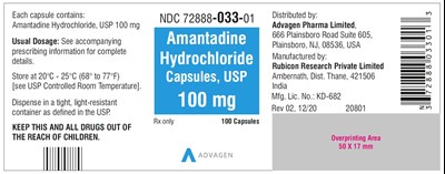 amantadine-hydrochoride-cap-100s-label.jpg Amantadine Hydrochloric, USP 100 mg - NDC-72888-033-01 - 100 Capsules - amantadine hydrochoride cap 100s label