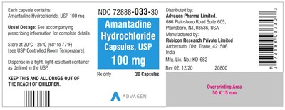 amantadine-hydrochoride-cap-30s-label.jpg Amantadine Hydrochloric, USP 100 mg - NDC-72888-033-30 - 30 Capsules - amantadine hydrochoride cap 30s label