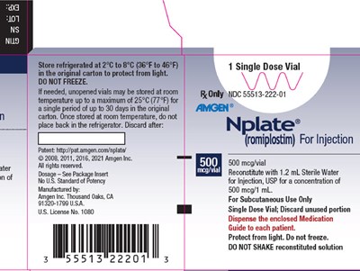 nplate-02.jpg Principal Display PanelRx OnlyNDC 55513-221-01Amgen®Nplate®(romiplostim)250 mcg**Reconstitute with 0.72 mL Sterile Water for Injection, USP.Delivers 250 mcg in 0.5 mLFor Subcutaneous Use OnlySingle Dose Vial; Discard unused portionDispense the enclosed Medication Guide to each patient.Store at 2° to 8°C (36° to 46°F).Protect from light. Do not freeze.DO NOT SHAKE reconstituted solution - nplate 02