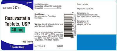 Image Description (Rosuvastatin Tablets 40mg 1000s Bottle Label)