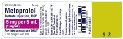 NDC 0143-9873-10 METOPROLOL TARTRATE INJECTION, USP 5 mg/5 mL (1 mg/mL) FOR IV USE ONLY Rx ONLY 5 mL Single Dose Vial Each 5 mL vial contains: 5 mg Metoprolol Tartrate, USP, 45 mg sodium chloride, Water for Injection, USP. Store at 20º to 25ºC (68º to 77ºF) [See USP Controlled Room Temperature]. USUAL DOSAGE: See package insert. DISCARD UNUSED PORTION. Protect from light. Do not freeze. - metoprolol tartrate injection 2