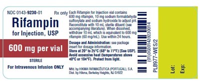 NDC 0143-9230-01 RIFAMPIN FOR INJECTION, USP 600 mg/vial Sterile FOR INTRAVENOUS INFUSION ONLY Rx ONLY Each Rifampin for Injection vial contains 600 mg rifampin, 10 mg sodium formaldehyde sulfoxylate and sodium hydroxide to adjust pH. Reconstitute with 10 mL sterile diluent (see accompanying literature). When dissolved, withdraw 10 mL which is equivalent to 600 mg rifampin (60 mg/mL). Use within 24 hours. DOSAGE AND ADMINISTRATION: see package insert for dosage information. Store at 20º to 25ºC (68º to 77ºF) [See USP]. Avoid excessive heat (temperatures above 40ºC or 104ºF). Protect from light. - rifampin for injection usp 2
