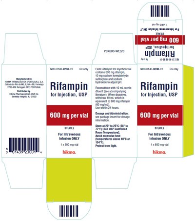 Ndc 0143-9230-01 1 X 600 mg Vial Rifampin For Injection, Usp 600 mg/vial Sterile For Intravenous Infusion Only Rx Only Each Rifampin For Injection Vial Contains 600 mg Rifampin, 10 mg Sodium Formaldehyde Sulfoxylate And Sodium Hydroxide To Adjust Ph. Reconstitute With 10 mL Sterile Diluent (see Accompanying Literature). When Dissolved, Withdraw 10 mL Which Is Equivalent To 600 mg Rifampin (60 mg/ml). Use Within 24 Hours. Dosage And Administration: See Package Insert For Dosage Information. Store At 20º To 25ºc (68º To 77ºf) [see Usp Controlled Room Temperature]. Avoid Excessive Heat (temperatures Above 40ºc Or 104ºf). Protect From Light. (Rifampin For Injection Usp 3)