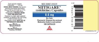 mitigare-2.jpg NDC 59467-318-01 Mitigare® (colchicine) Capsules 0.6 mg 100 Capsules Rx Only - mitigare 2